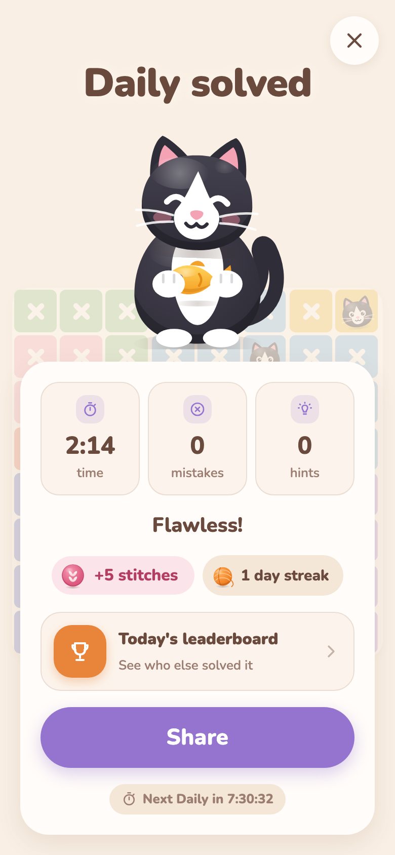 A Daily solved: the Cat holds its fish; the time, mistakes and hints